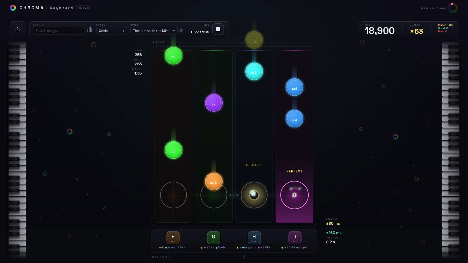 The play screen: four lanes of falling coloured notes, with the score and combo at the top right